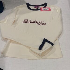 Edikted Relentless Long Sleeve T-Shirt Cream Long Sleeve Top with Navy Accents